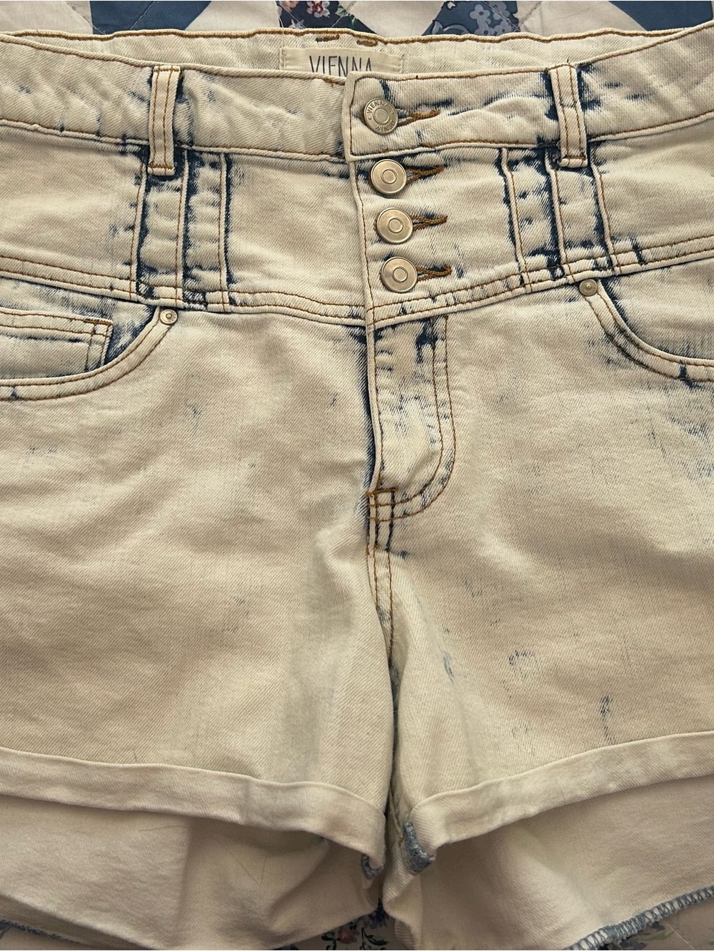 Cream High-Rise Button-Front Denim Shorts